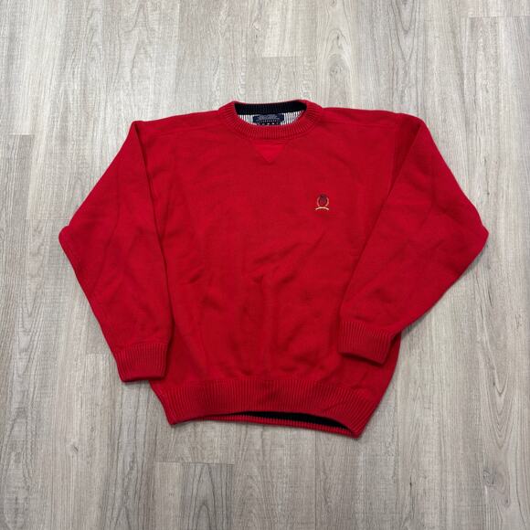 Vintage Tommy Hilfiger Sweater Men's Medium Red Knit Crewneck 90s Hip Hop Skater - Picture 1 of 6